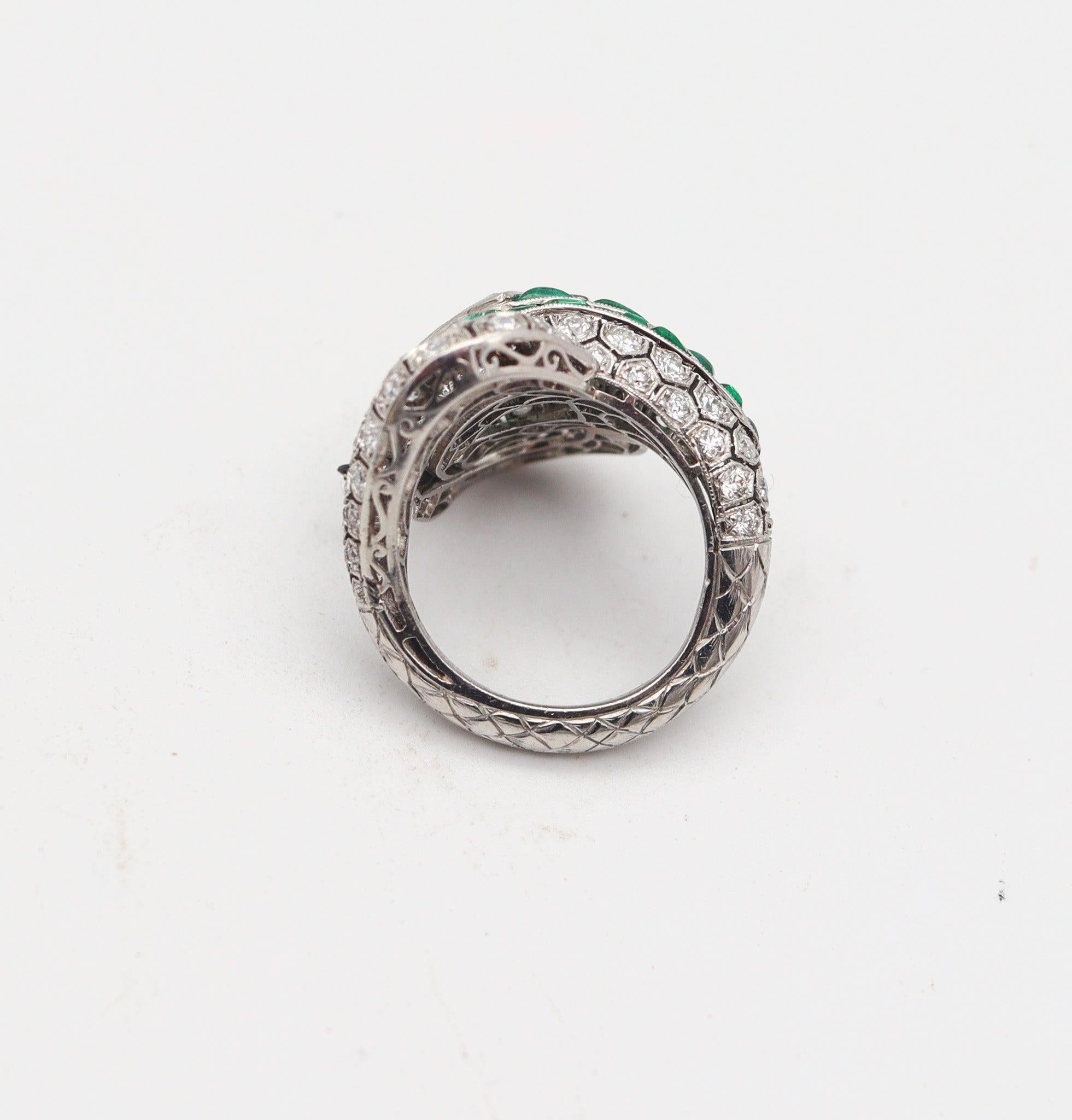 ART DECO 1925 Fabulous Snake Ring In Platinum And 6.47 Ctw Diamonds & Emeralds 1