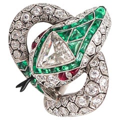Antique ART DECO 1925 Fabulous Snake Ring In Platinum And 6.47 Ctw Diamonds & Emeralds