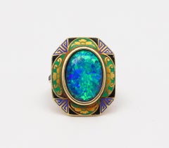 Art Deco 1925 Geometric Enamelled Ring in 18kt Gold with Rare 3.78 Ct Black Opal