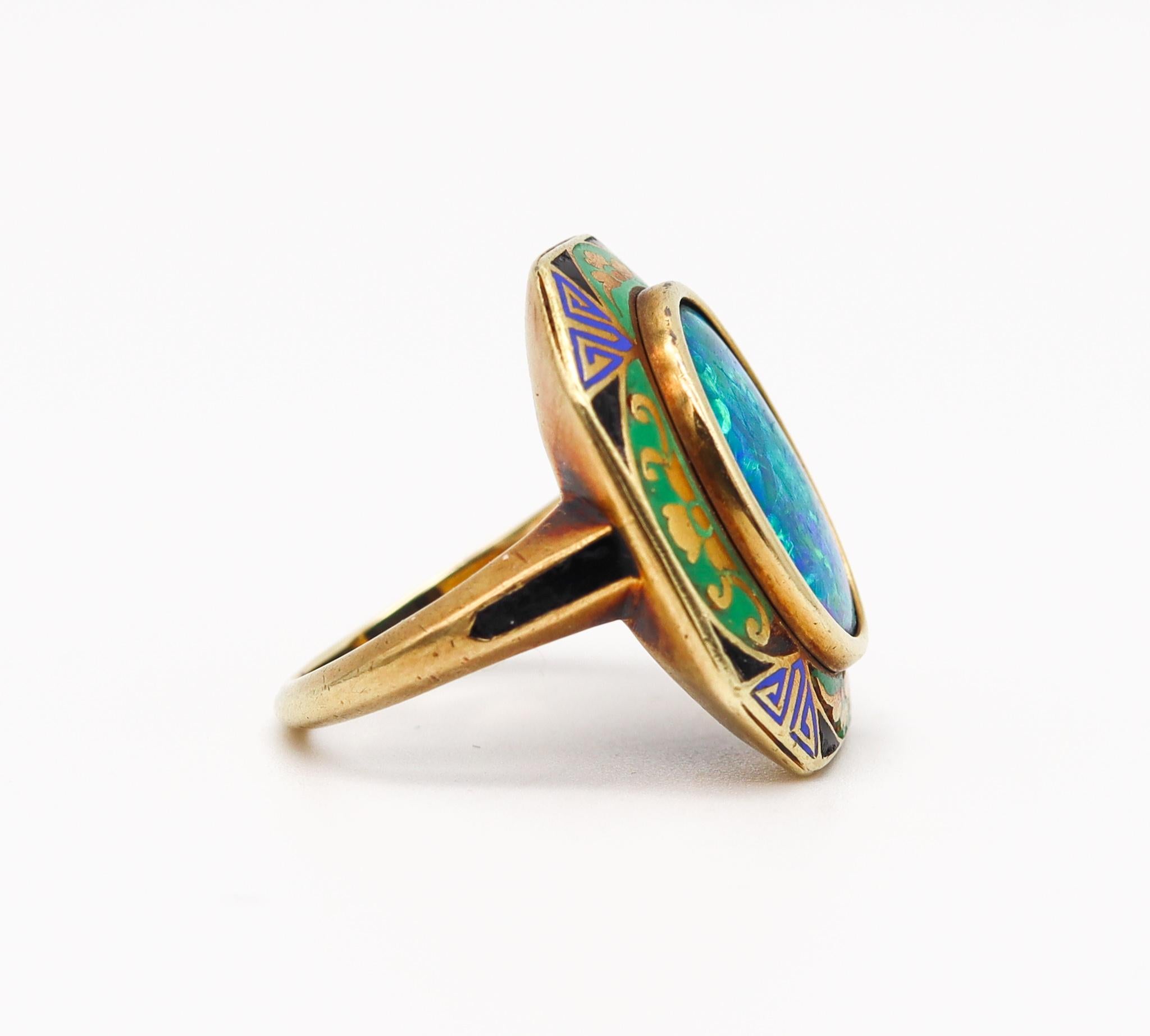 Cabochon Art Deco 1925 Geometric Enamelled Ring in 18kt Gold with Rare 3.78 Ct Black Opal