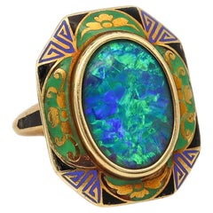 Art Deco 1925 Geometric Enamelled Ring in 18kt Gold with Rare 3.78 Ct Black Opal