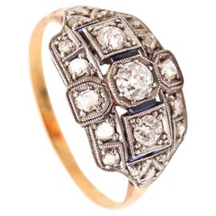 ART DECO 1925 Geometric Ring In 18Kt Gold With Diamonds & Sapphires
