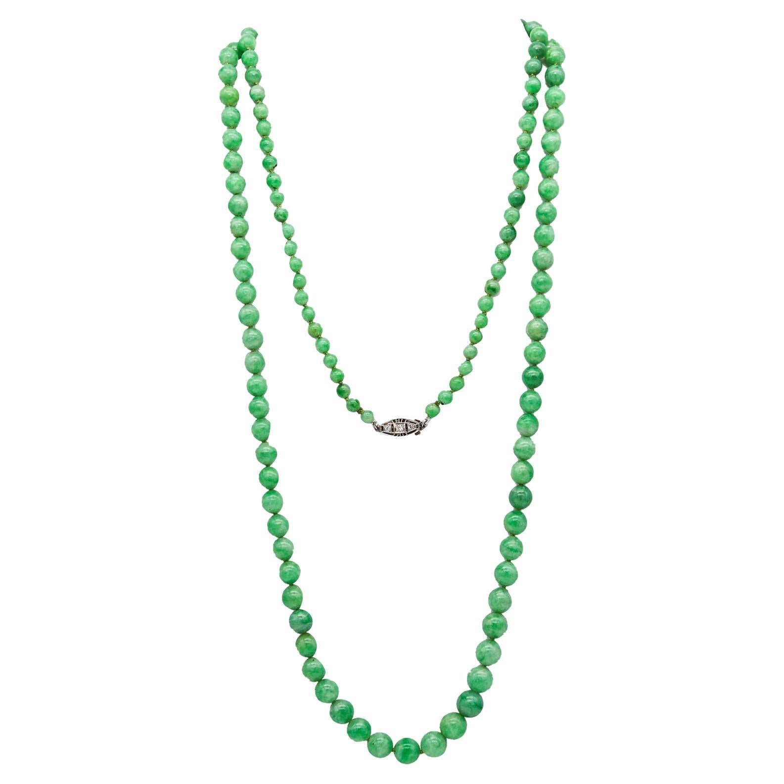 Art Deco 1925 Graduated Burmese Jadeite Jade Necklace Sautoir Platinum Diamonds For Sale