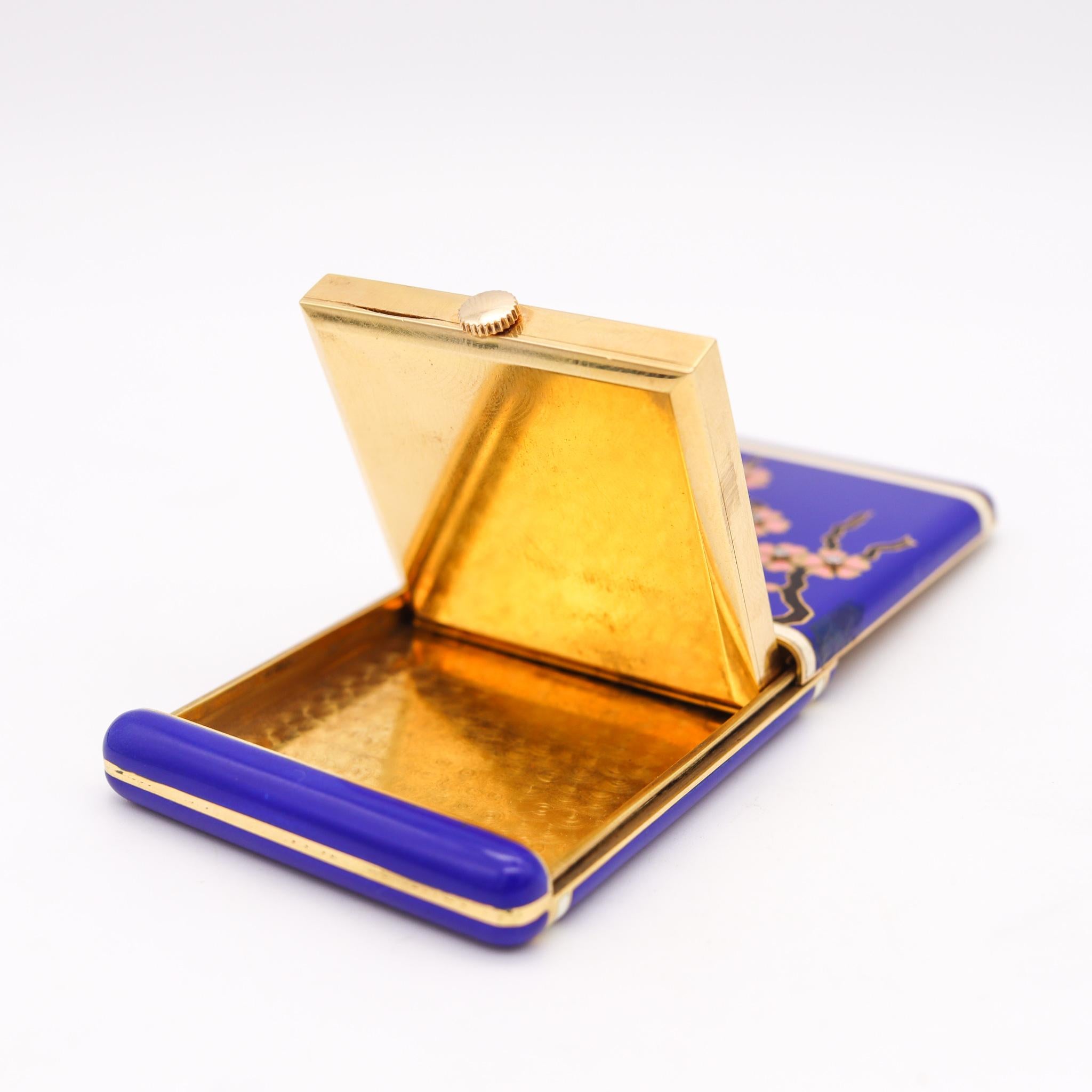 Art Deco 1925 Japonism Enameled Travel Clock In 18Kt Yellow Gold With Diamonds 7