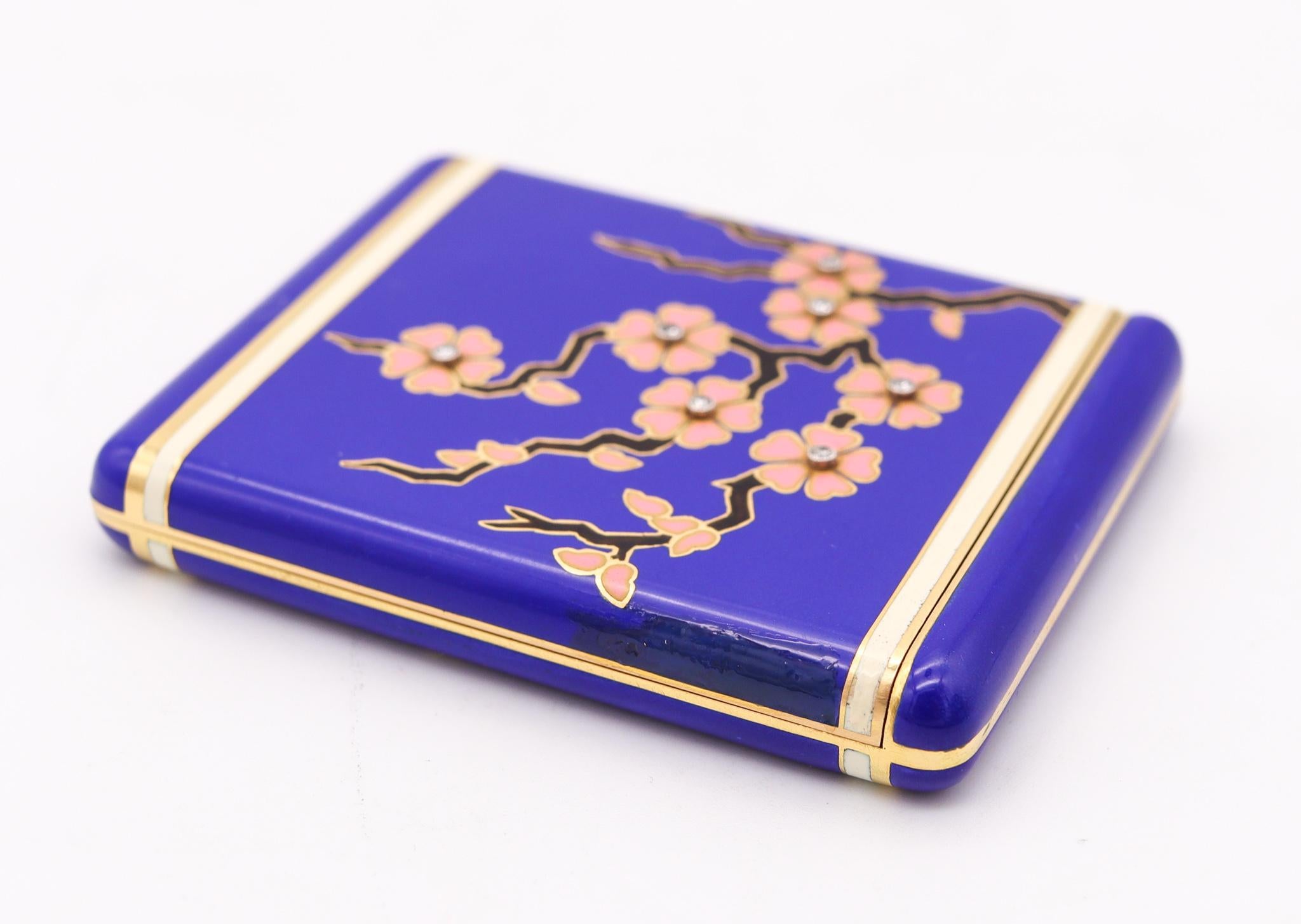 American Art Deco 1925 Japonism Enameled Travel Clock In 18Kt Yellow Gold With Diamonds