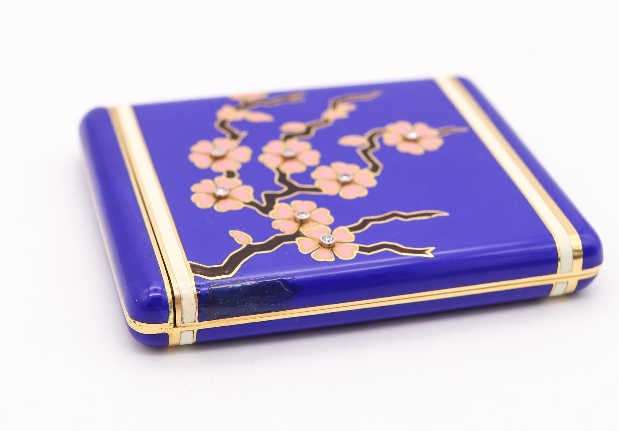 Art Deco 1925 Japonism Enameled Travel Clock In 18Kt Yellow Gold With Diamonds In Excellent Condition In Miami, FL