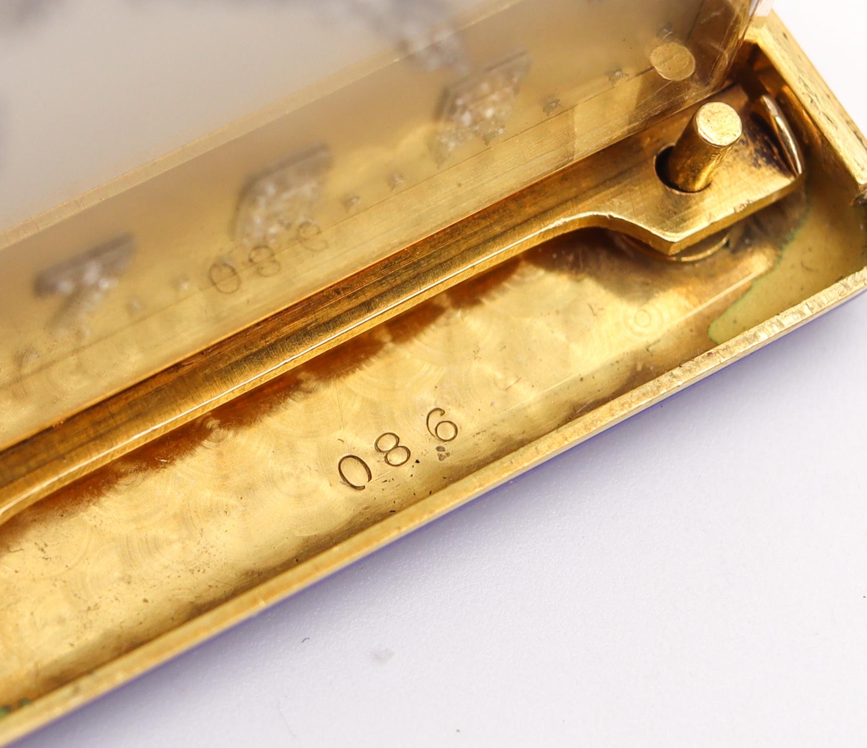 Taille vieille Europe Horloge de voyage Art Déco 1925 Japonisme émaillée en or jaune 18 carats avec diamants en vente