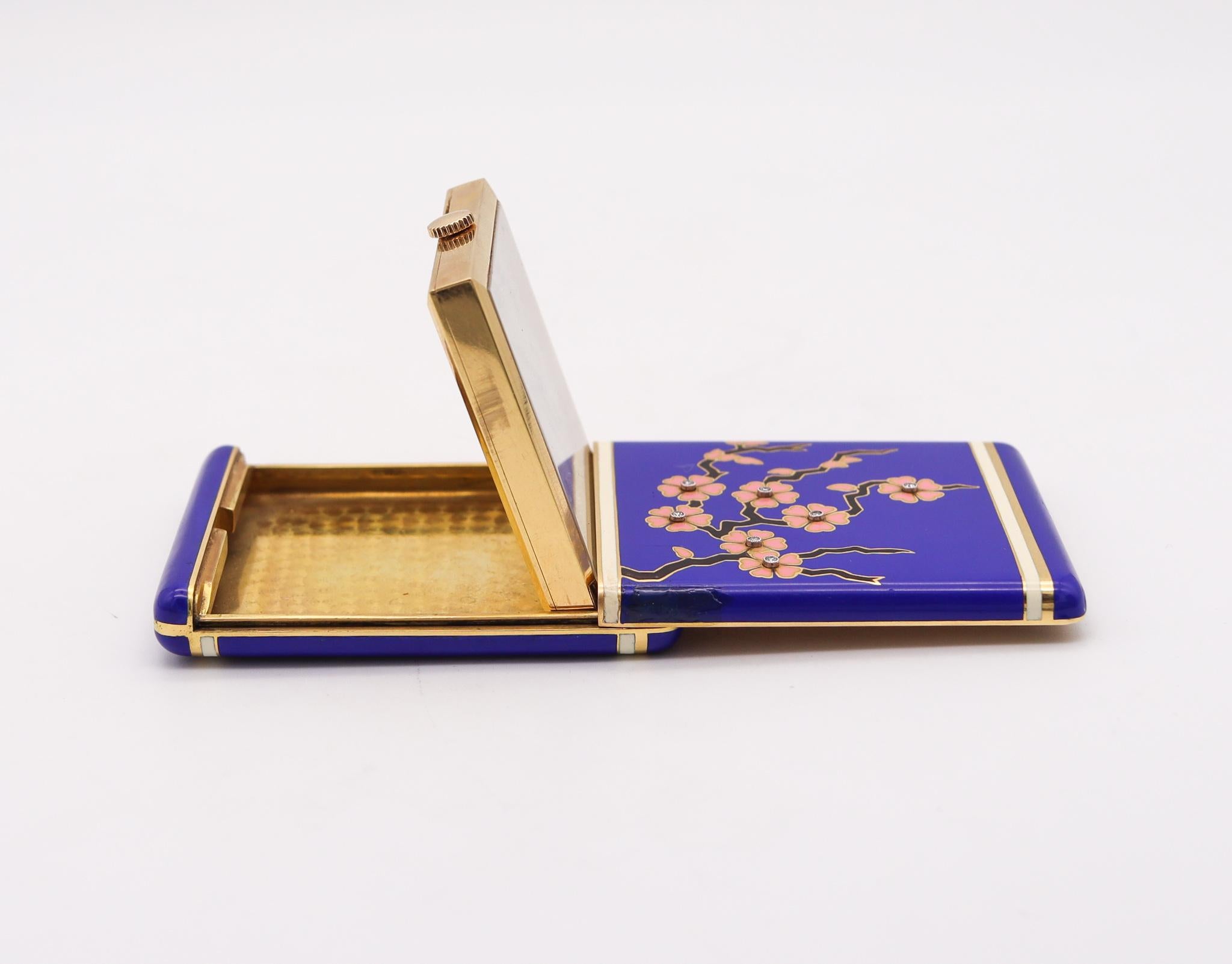Early 20th Century Art Deco 1925 Japonism Enameled Travel Clock In 18Kt Yellow Gold With Diamonds