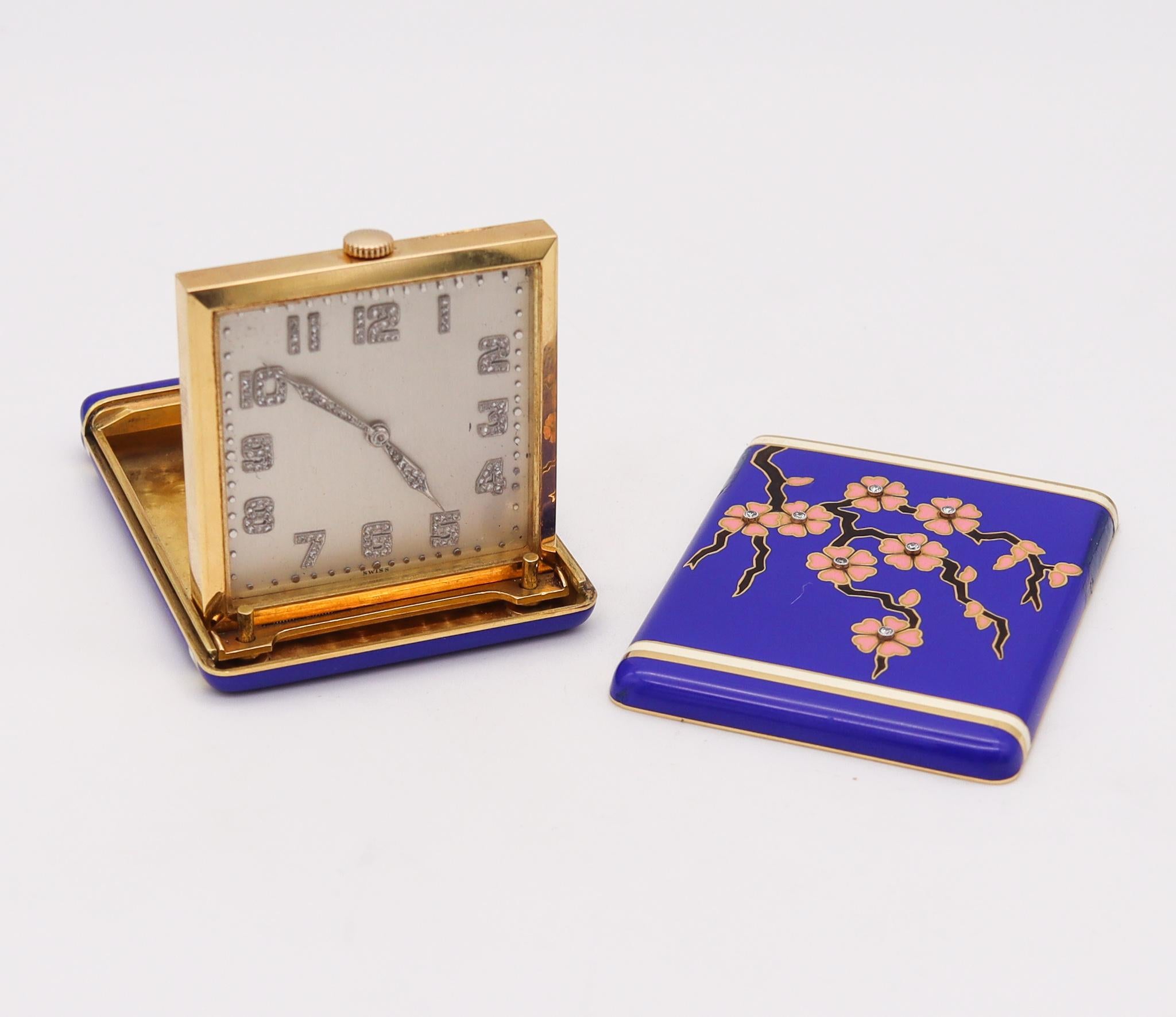 Art Deco 1925 Japonism Enameled Travel Clock in 18kt Yellow Gold with Diamonds In Excellent Condition For Sale In Miami, FL