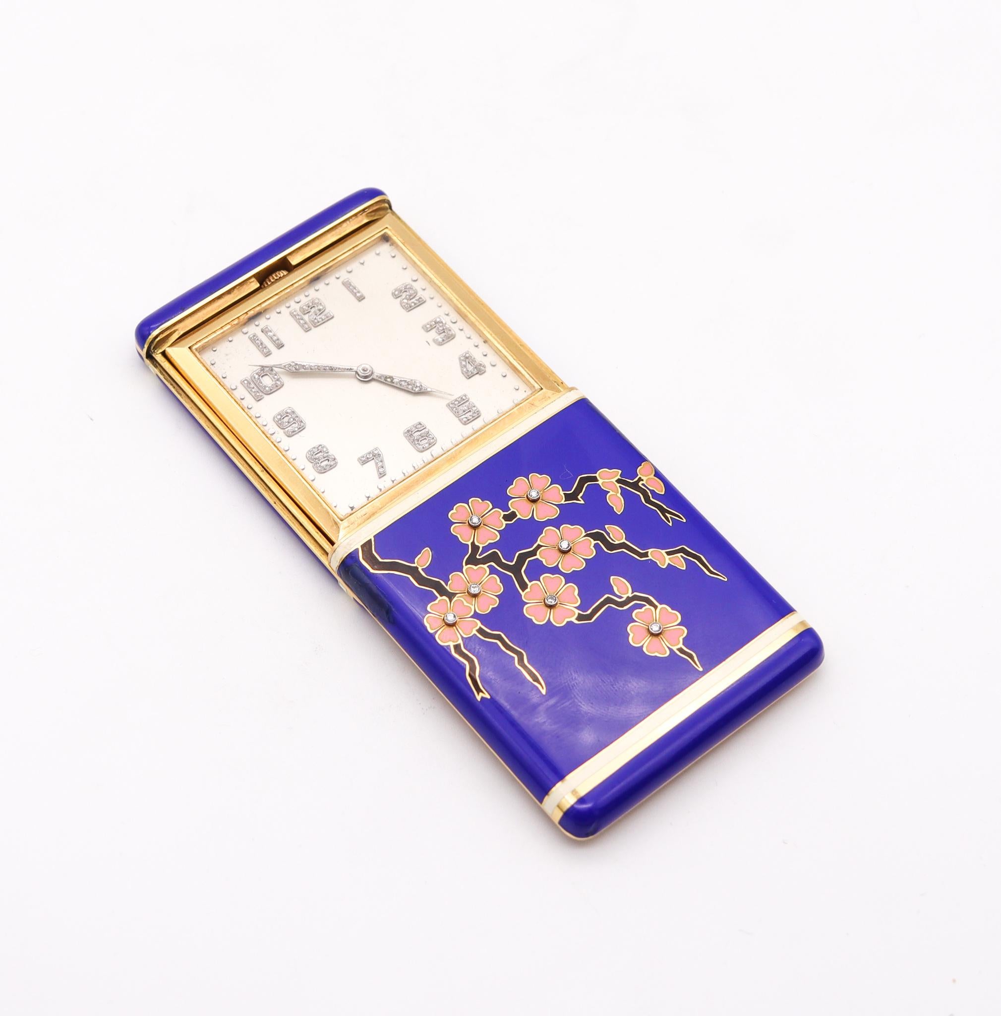 Art Deco 1925 Japonism Enameled Travel Clock in 18kt Yellow Gold with Diamonds For Sale 2
