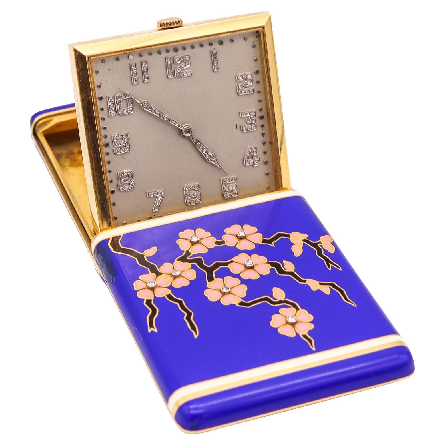 Art Deco 1925 Japonism Enameled Travel Clock in 18kt Yellow Gold with Diamonds For Sale