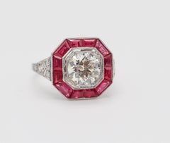 ART DECO 1925 Octagonal Ring In Platinum With 3.72 Ctw In Diamonds & Rubies