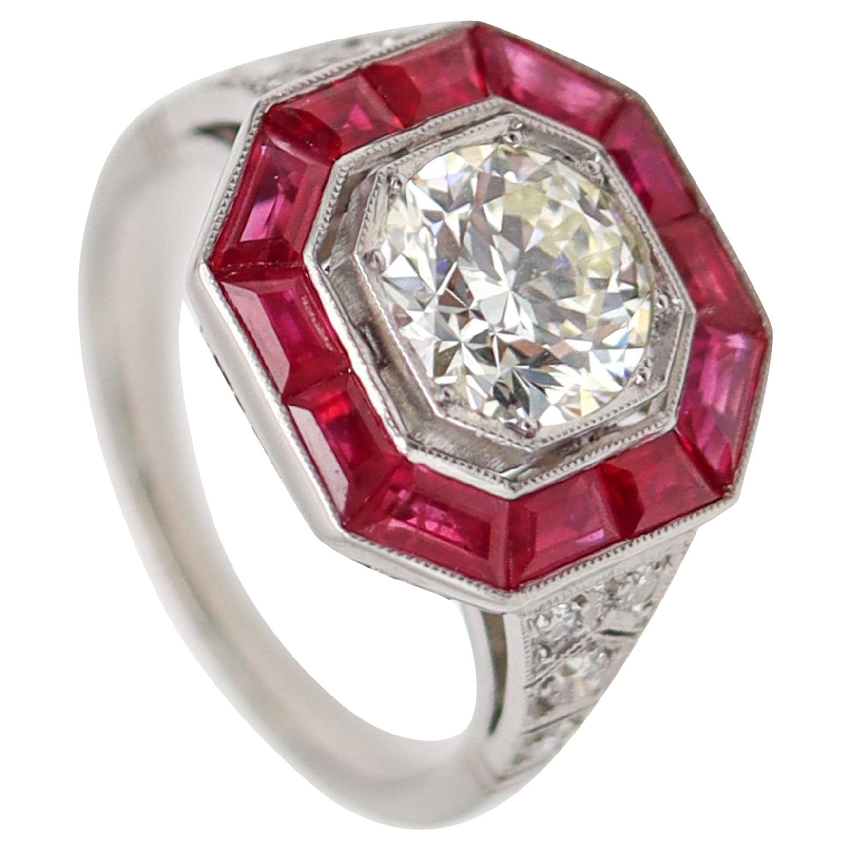 ART DECO 1925 Octagonal Ring In Platinum With 3.72 Ctw In Diamonds & Rubies