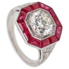 ART DECO 1925 Octagonal Ring In Platinum With 3.72 Ctw In Diamonds & Rubies