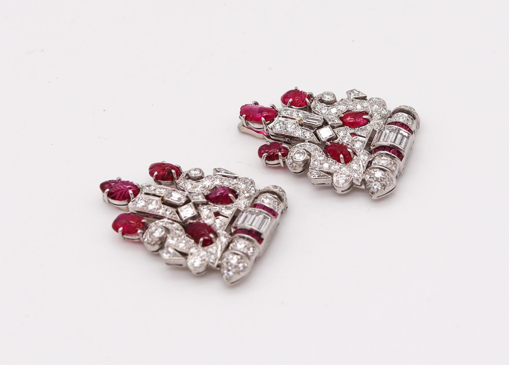 Old European Cut Art Deco 1925 Pair of Dress Clips in Platinum with 11.54 Ctw Diamonds and Rubies