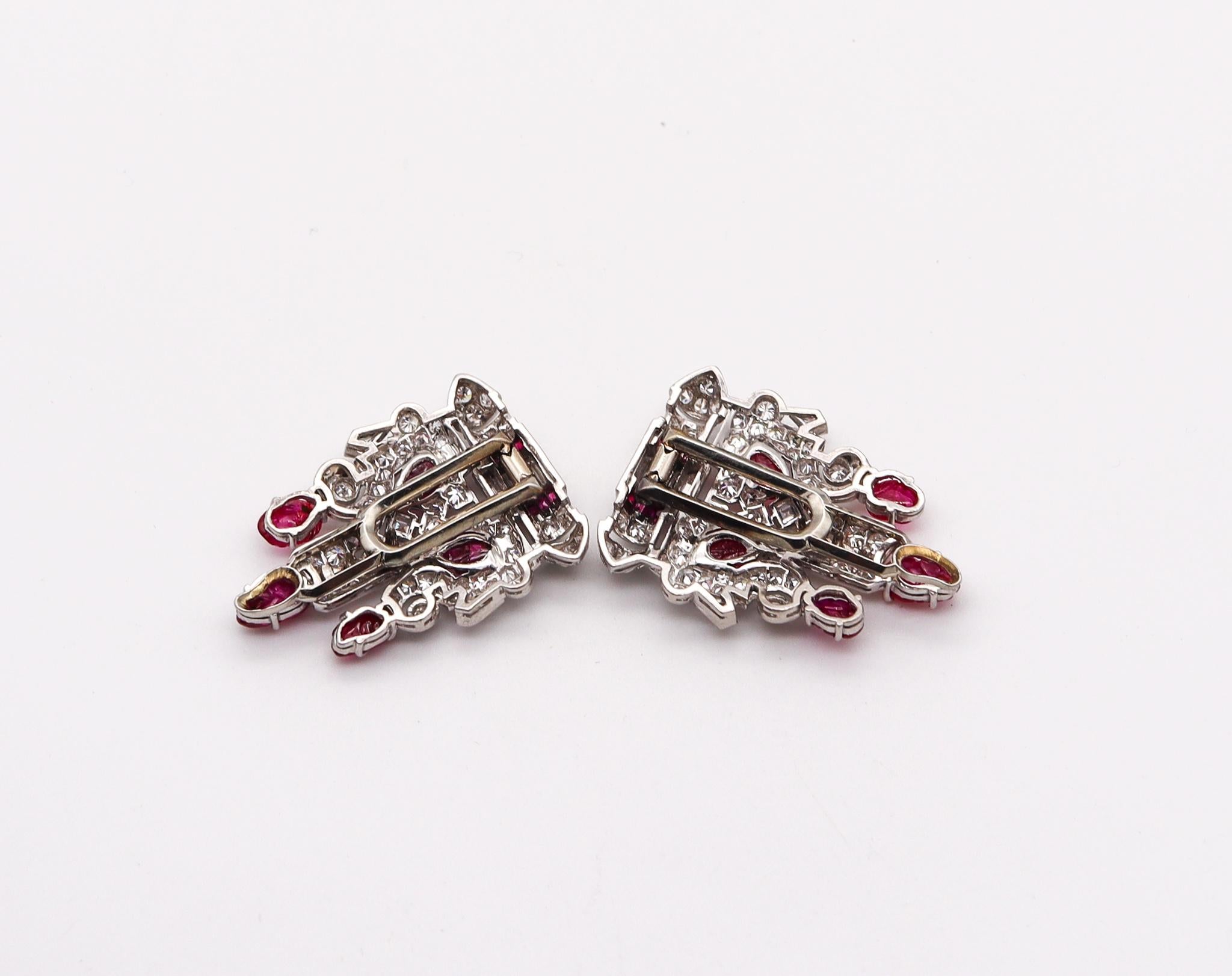 Art Deco 1925 Pair of Dress Clips in Platinum with 11.54 Ctw Diamonds and Rubies 1