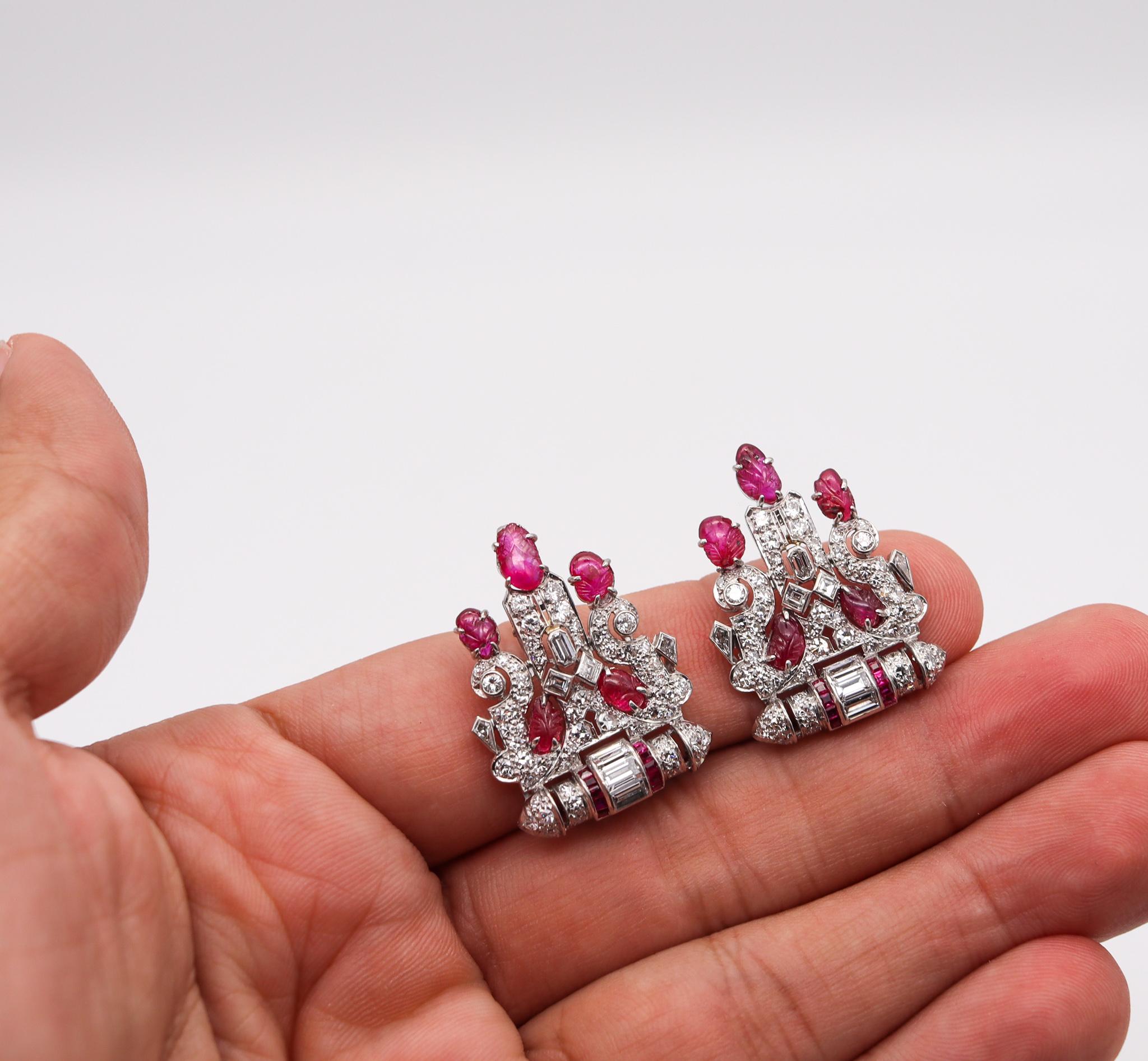 Art Deco 1925 Pair of Dress Clips in Platinum with 11.54 Ctw Diamonds and Rubies 3