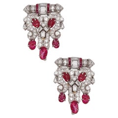 Antique Art Deco 1925 Pair of Dress Clips in Platinum with 11.54 Ctw Diamonds and Rubies