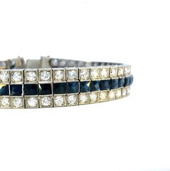 Bracelet Art déco 1925 à 3 rangées de diamants et saphirs bleus naturels français