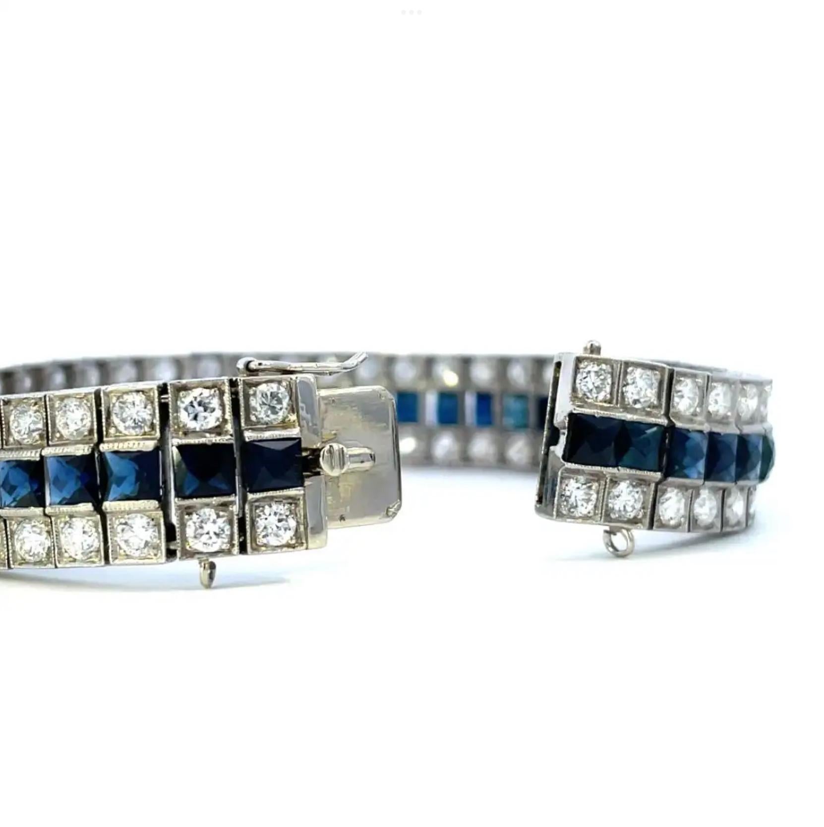 Art Deco 1925 Platinum 3 Row Diamond & French Natural Blue Sapphires Bracelet  For Sale 3