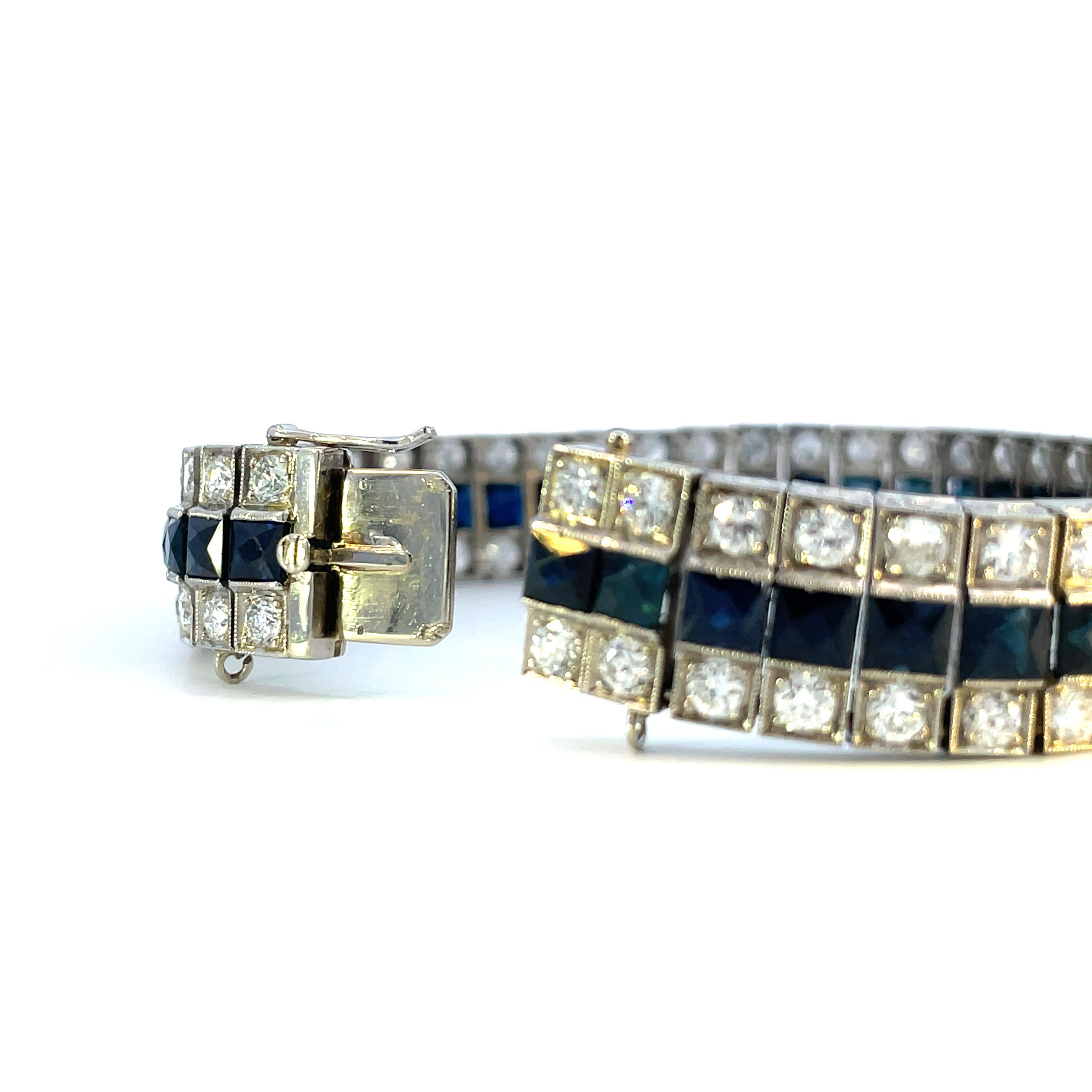 Art-Déco-Armband aus Platin mit 3 Reihen Diamanten und natürlichen blauen Saphiren, 1925 für Damen oder Herren