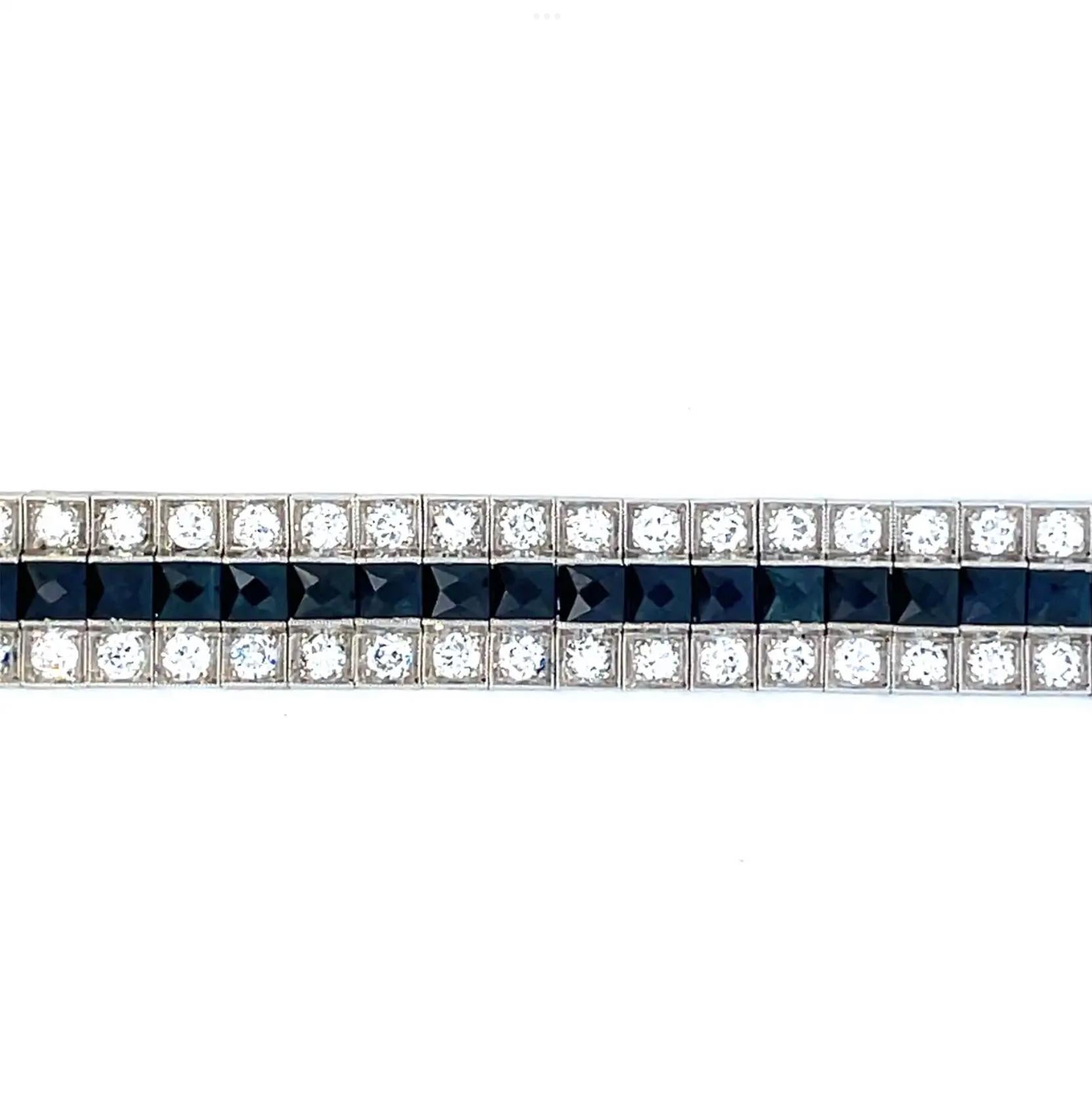 Art Deco 1925 Platinum 3 Row Diamond & French Natural Blue Sapphires Bracelet  In Excellent Condition For Sale In Lexington, KY