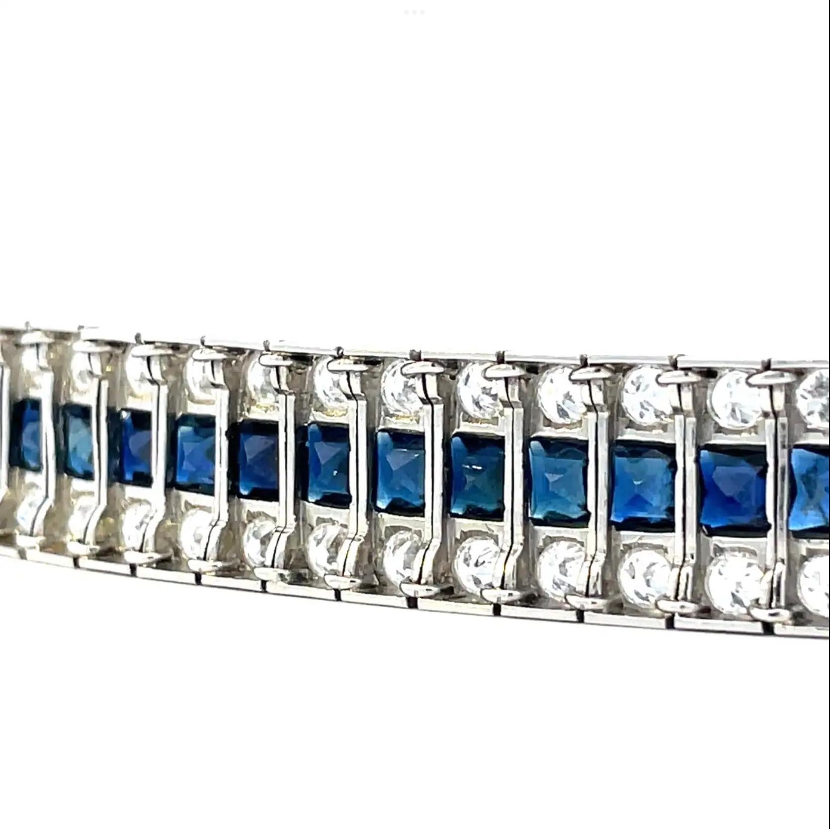 Art Deco 1925 Platinum 3 Row Diamond & French Natural Blue Sapphires Bracelet  For Sale 2