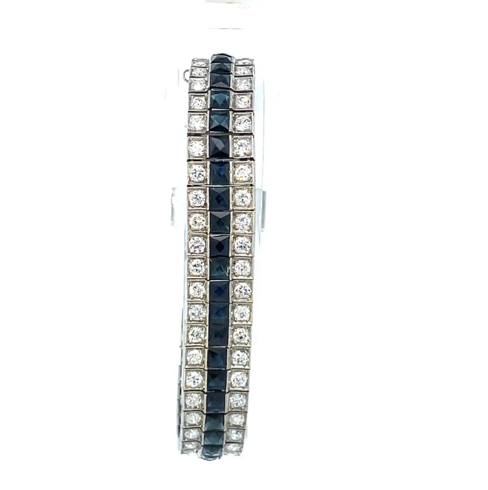 Round Cut Art Deco 1925 Platinum 3 Row Diamond & French Natural Blue Sapphires Bracelet  For Sale