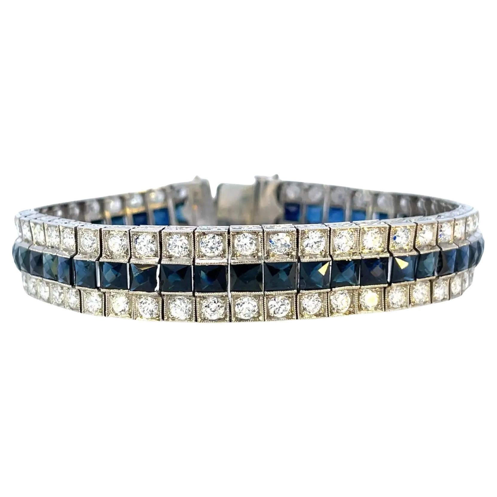 Art Deco 1925 Platinum 3 Row Diamond & French Natural Blue Sapphires Bracelet  For Sale