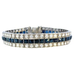 Bracelet Art déco 1925 à 3 rangées de diamants et saphirs bleus naturels français 