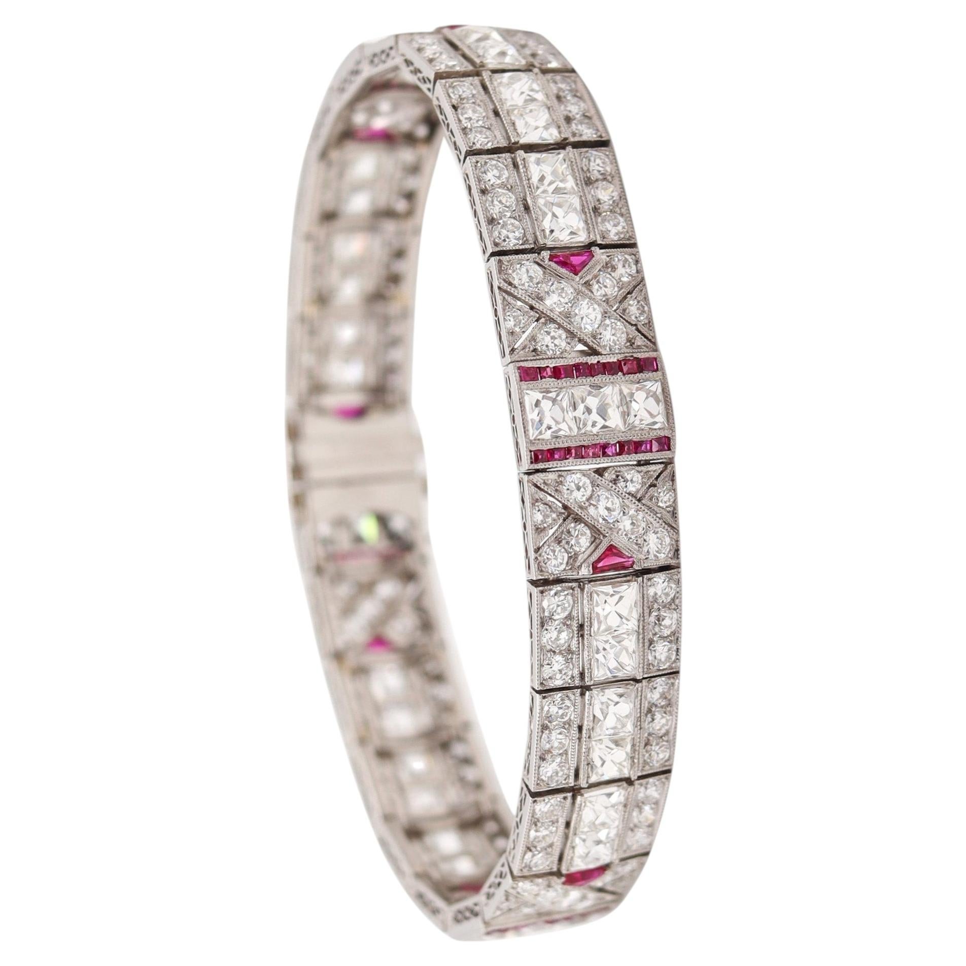 ART-DECO 1925 Bracciale in platino con 21,66 Cwt. In Diamanti e Rubini taglio francese