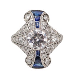 ART DECO 1925 Platin-Cocktailring mit 3,65 Ctw in Diamanten & Saphiren