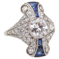 Anello ART DECO 1925 in platino con 3,65 carati di diamanti e zaffiri