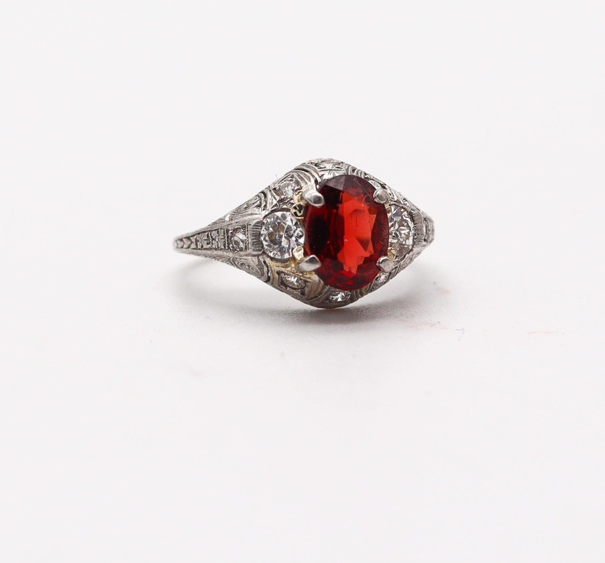 Art Deco ART DECO 1925 Ring In .900 Platinum With 1.22 Cts In Diamonds And Red Garnet For Sale