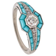 ART DECO 1925 Ring In Platinum With Diamonds And Graduated Turquoises