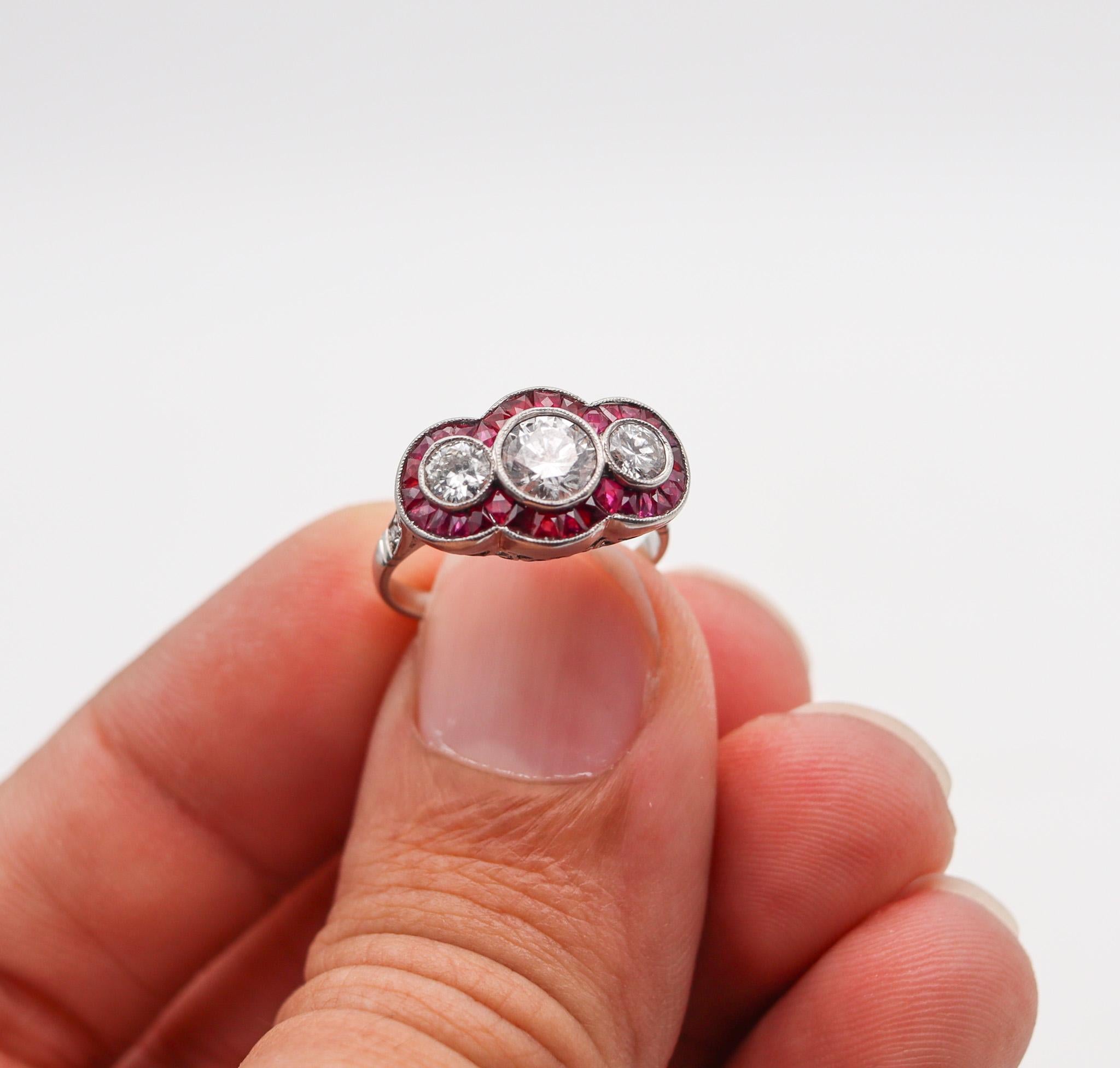 Art Deco 1925 Three Gems Ring In Platinum With 1.42 Ctw Diamonds And Rubies 1