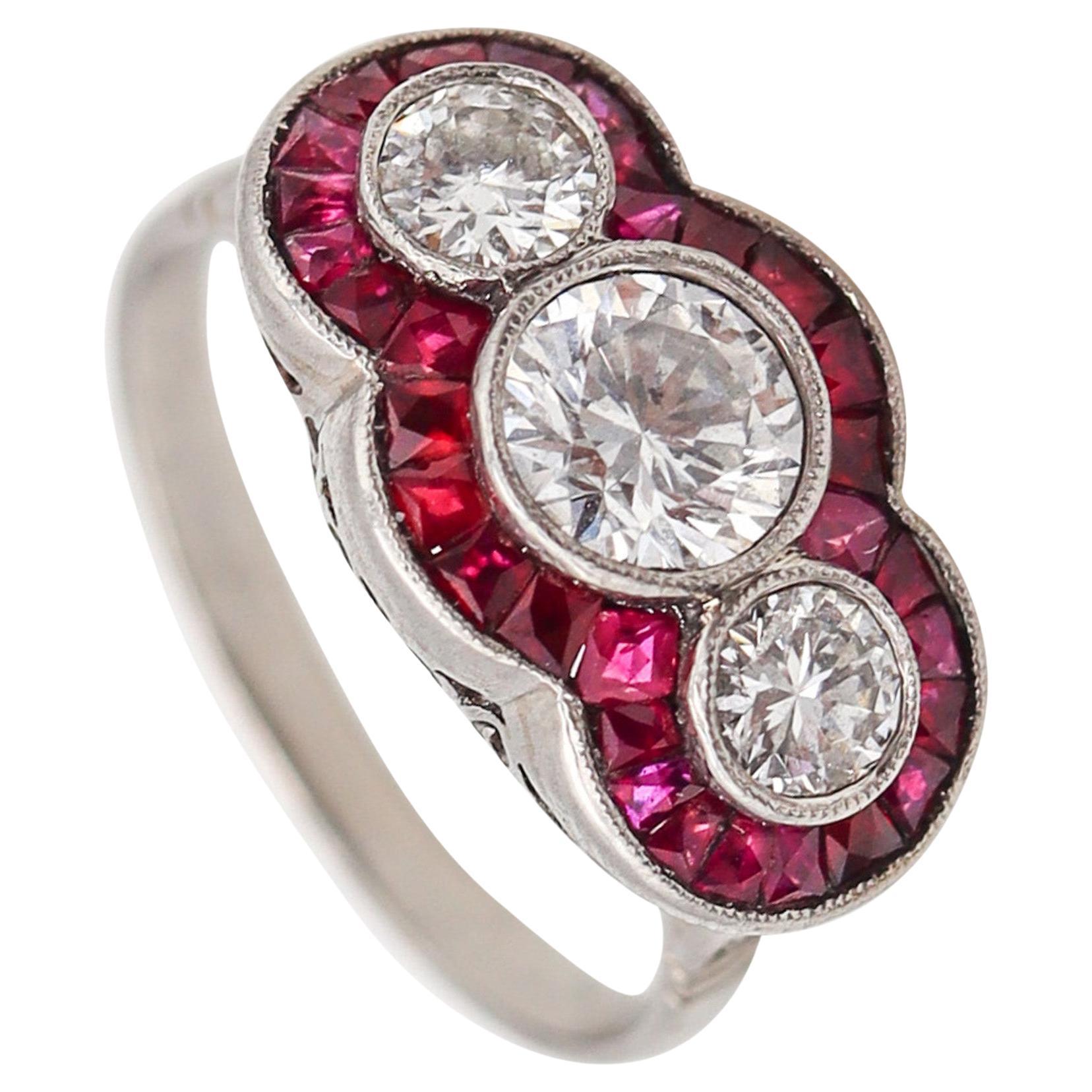 Art Deco 1925 Three Gems Ring In Platinum With 1.42 Ctw Diamonds And Rubies For Sale