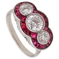 Art Deco 1925 Three Gems Ring In Platinum With 1.42 Ctw Diamonds And Rubies