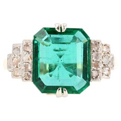Art Deco 1925s Emerald Diamonds 18 Karat Yellow Gold Ring