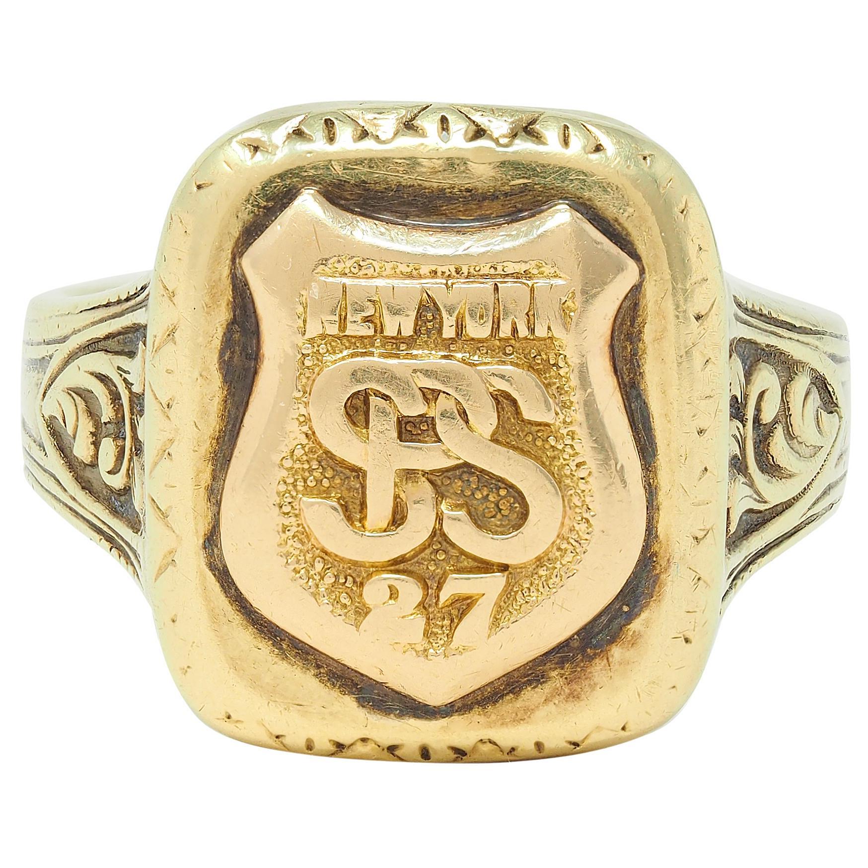 Art Deco 1927 14 Karat Yellow Gold Antique New York Police Unisex Signet Ring