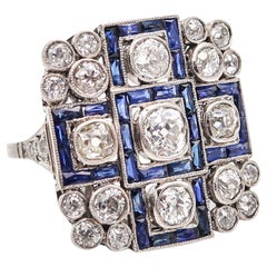 ART DECO 1928 Geometric Ring In Platinum With 5.15 Ctw In Diamonds & Sapphires
