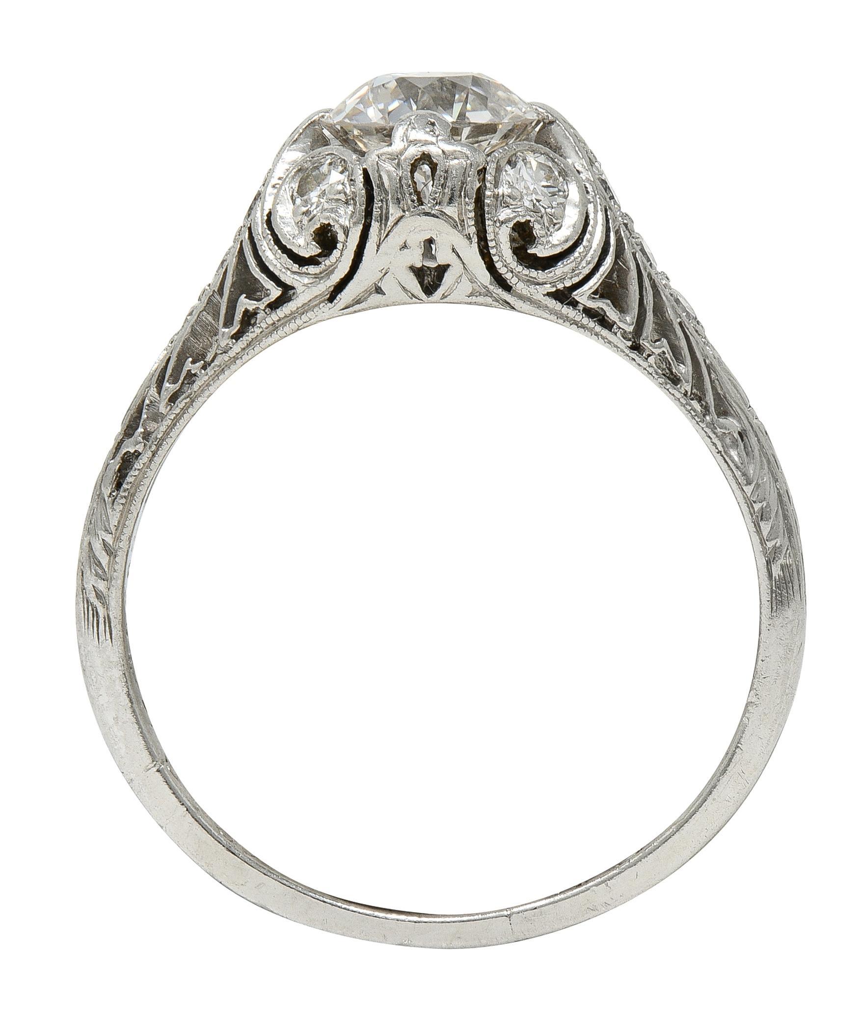 Art Deco 1929 1,00 CTW Diamant Platin Antik Scroll Feder Verlobungsring (Art déco) im Angebot