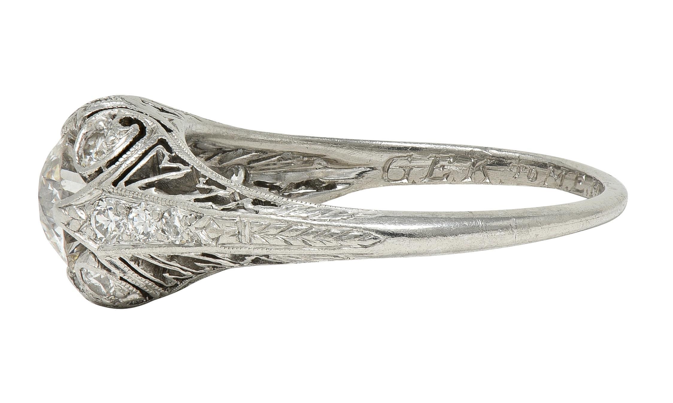 Art Deco 1929 1,00 CTW Diamant Platin Antik Scroll Feder Verlobungsring im Zustand „Hervorragend“ im Angebot in Philadelphia, PA