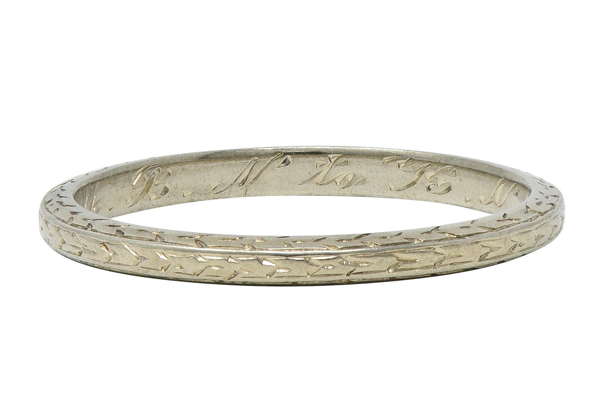 Women's Art Deco 1929 18 Karat White Gold Vintage Wheat Wedding Band Ring For Sale