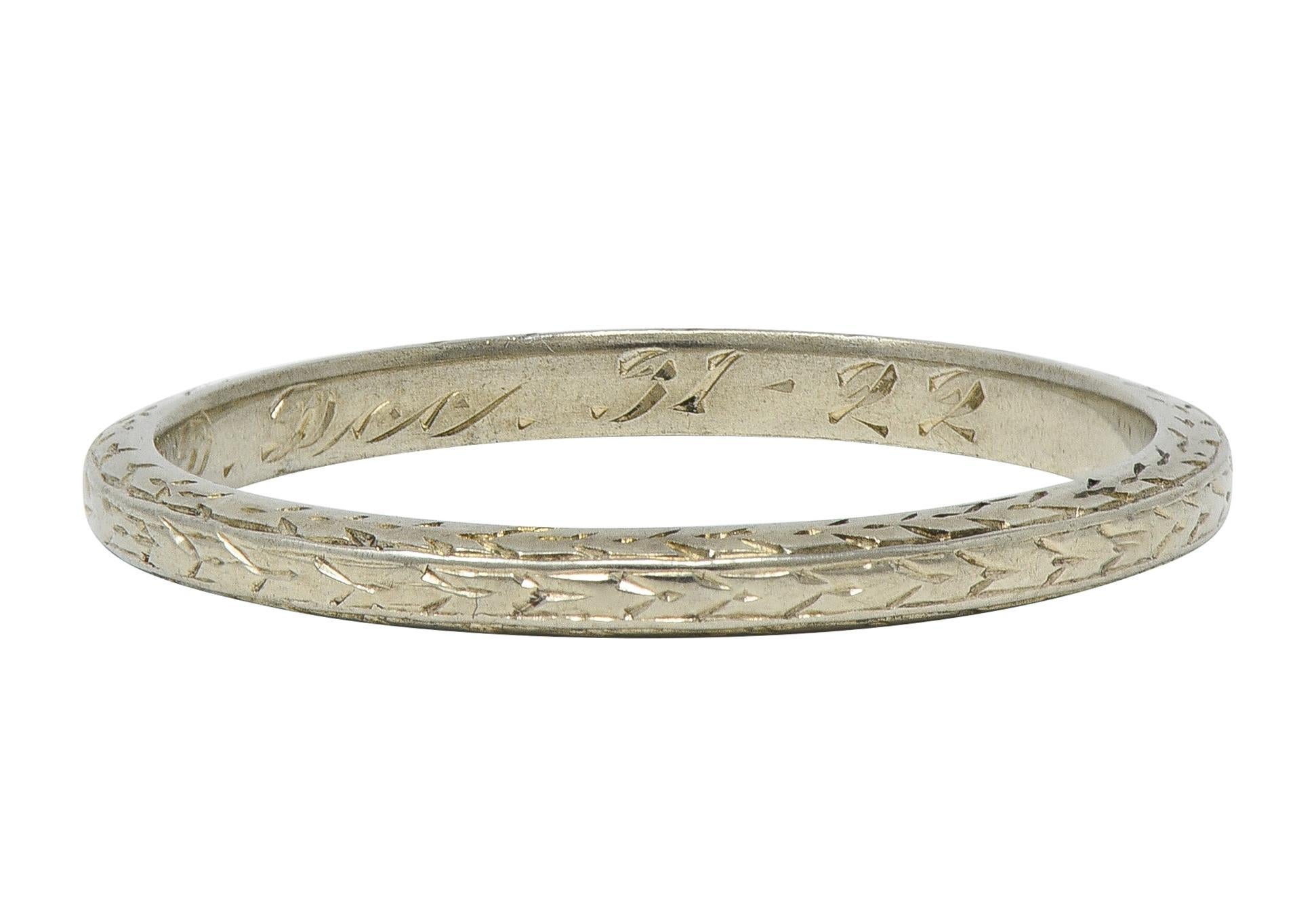 Art Deco 1929 18 Karat White Gold Vintage Wheat Wedding Band Ring For Sale 4