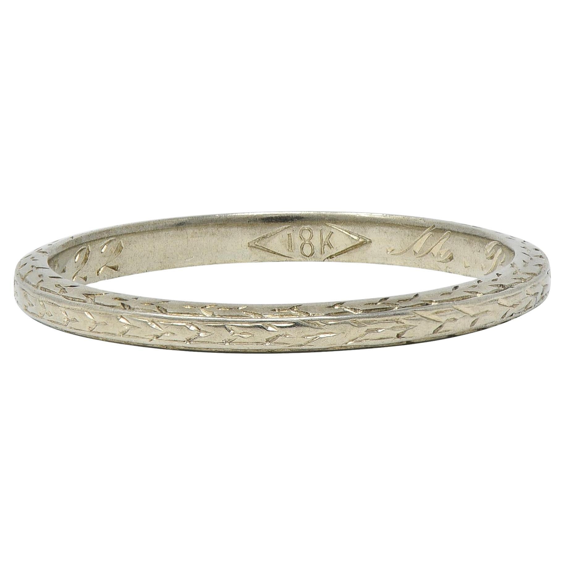 Art Deco 1929 18 Karat White Gold Vintage Wheat Wedding Band Ring For Sale