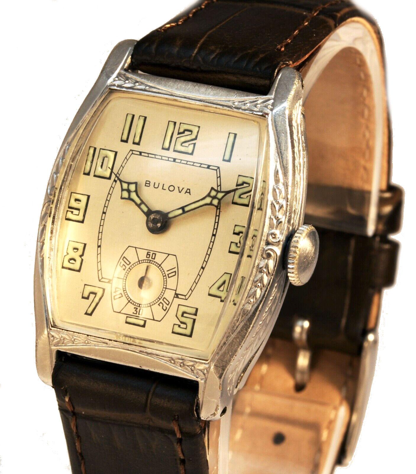 Absolument magnifique montre-bracelet Art Deco vintage BULOVA 'CRUSADER' âgée de 94 ans, fabriquée en 1929 et en magnifique état de restauration. Mouvement mécanique à remontage manuel BULOVA 10AN à 15 rubis qui vient d'être SERVI, NETTOYÉ ET HILIÉ