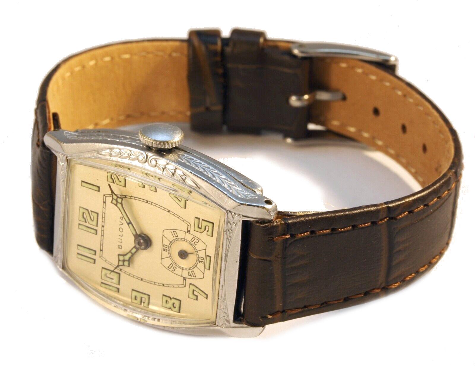 Art déco Art Deco 1929 BULOVA 'CRUSADER' Gents 10k White RG Watch, 94 ans, SERVICED en vente