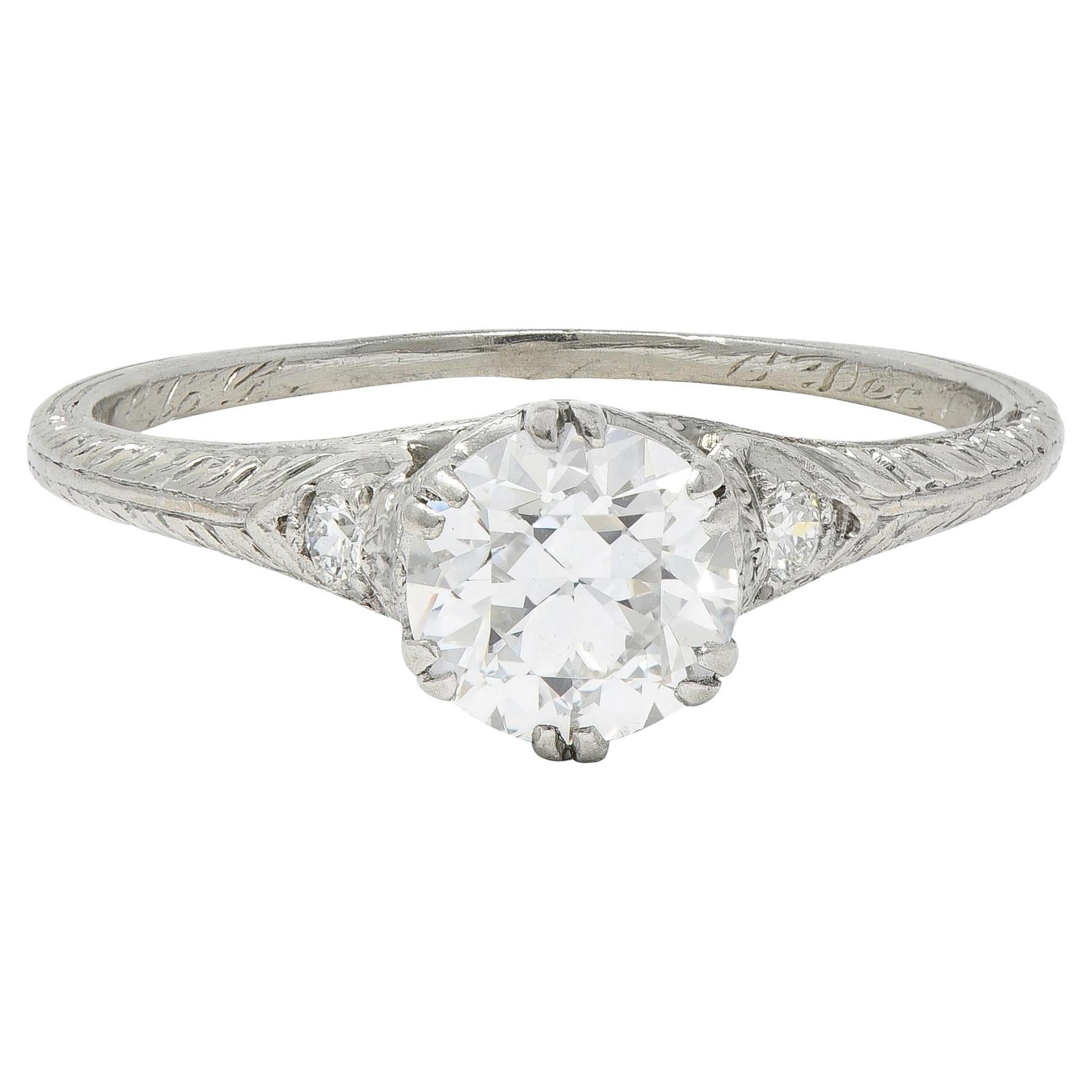 Art Decó 1929 Antiguo Diamante talla europea Anillo de compromiso platino pluma vintage