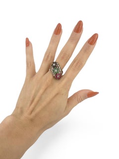 Art Deco 1930 18kt Yellow Gold Ring with Diamond, Rubies, Sapphires and Emeralds